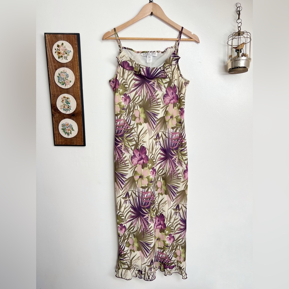 Vintage 90s Tropical Floral Sleeveless Slip Chiffon Midi Dress medium